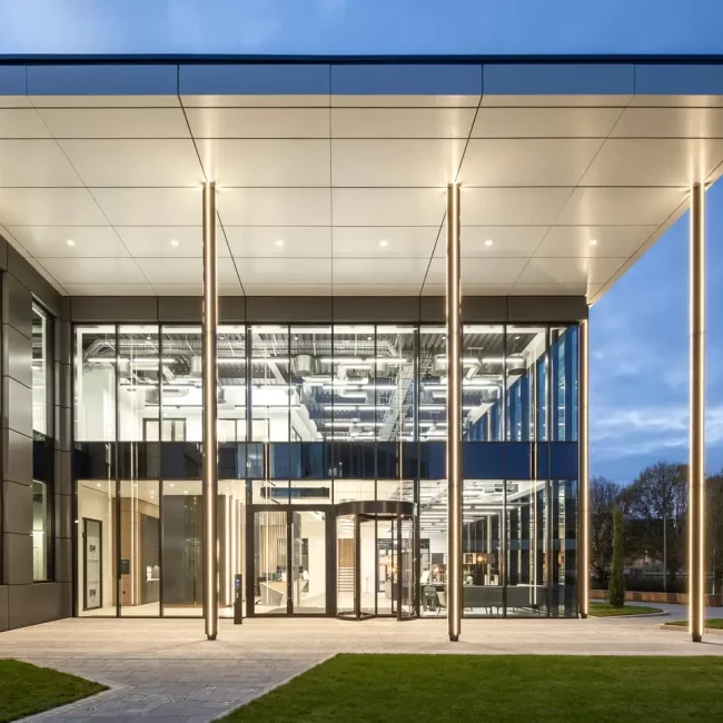 210 Building exterior with light up pillars