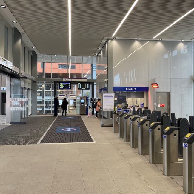 Hayes and Harlington train station entrance area with ticket gates