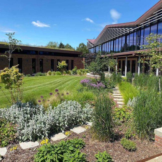 Promega HQ gardens in front of building